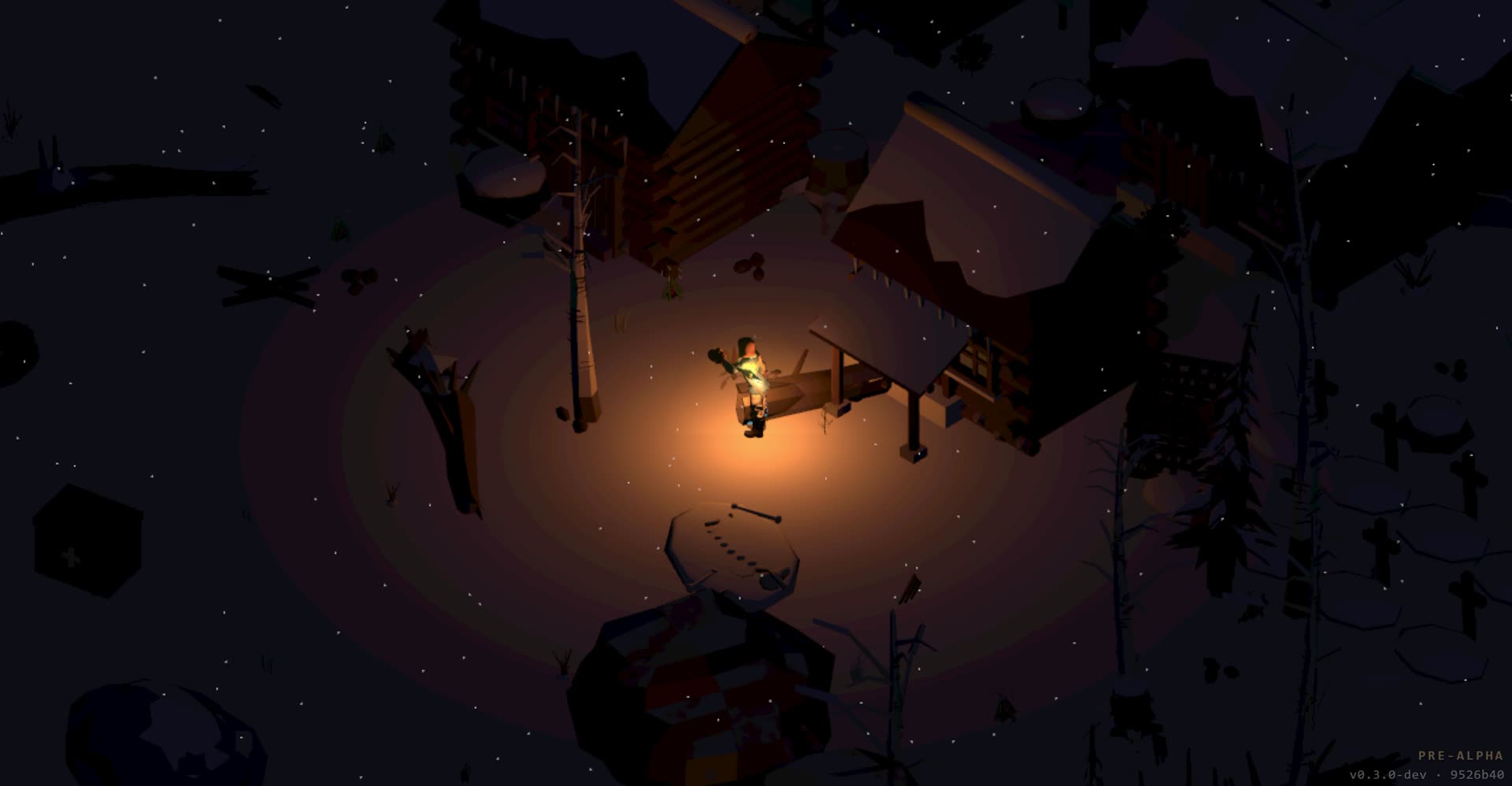 A survivor holding a lit torch by a log cabin at night