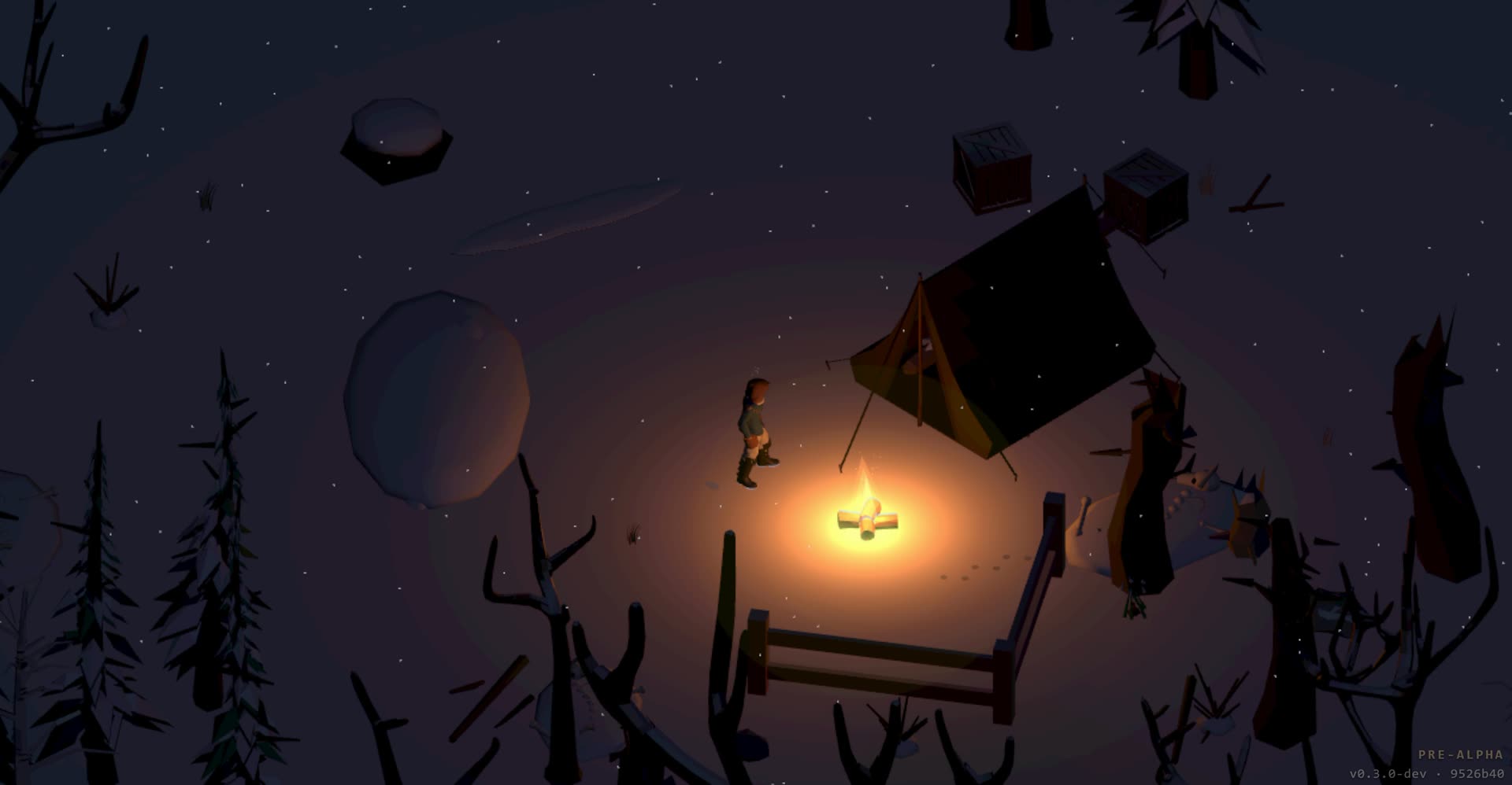 A survivor stands by a lit campfire and a pitched tent, supply crates stacked in the snow at night.