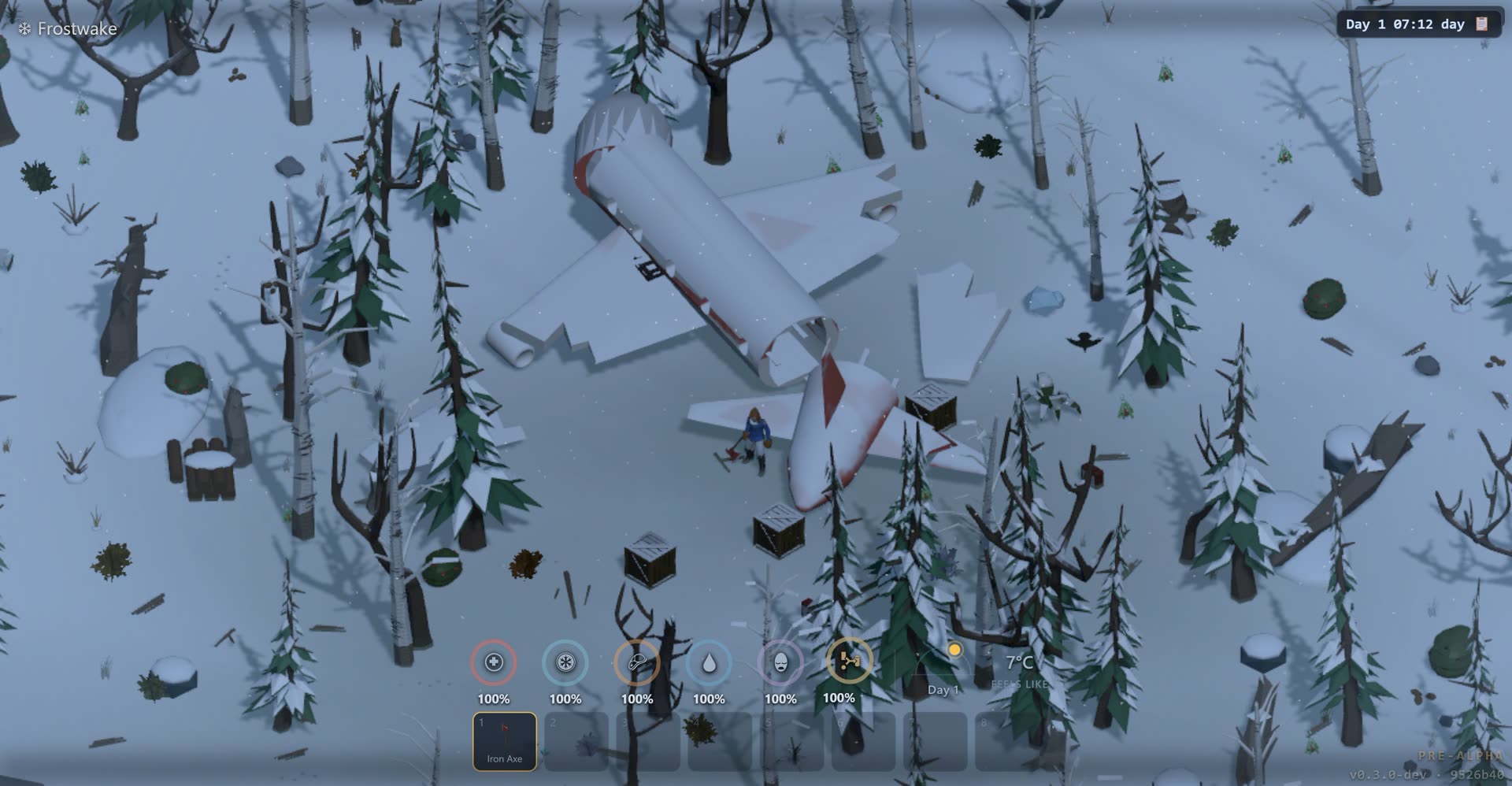 The crashed bush plane in a snowy forest with a geared survivor working the wreck