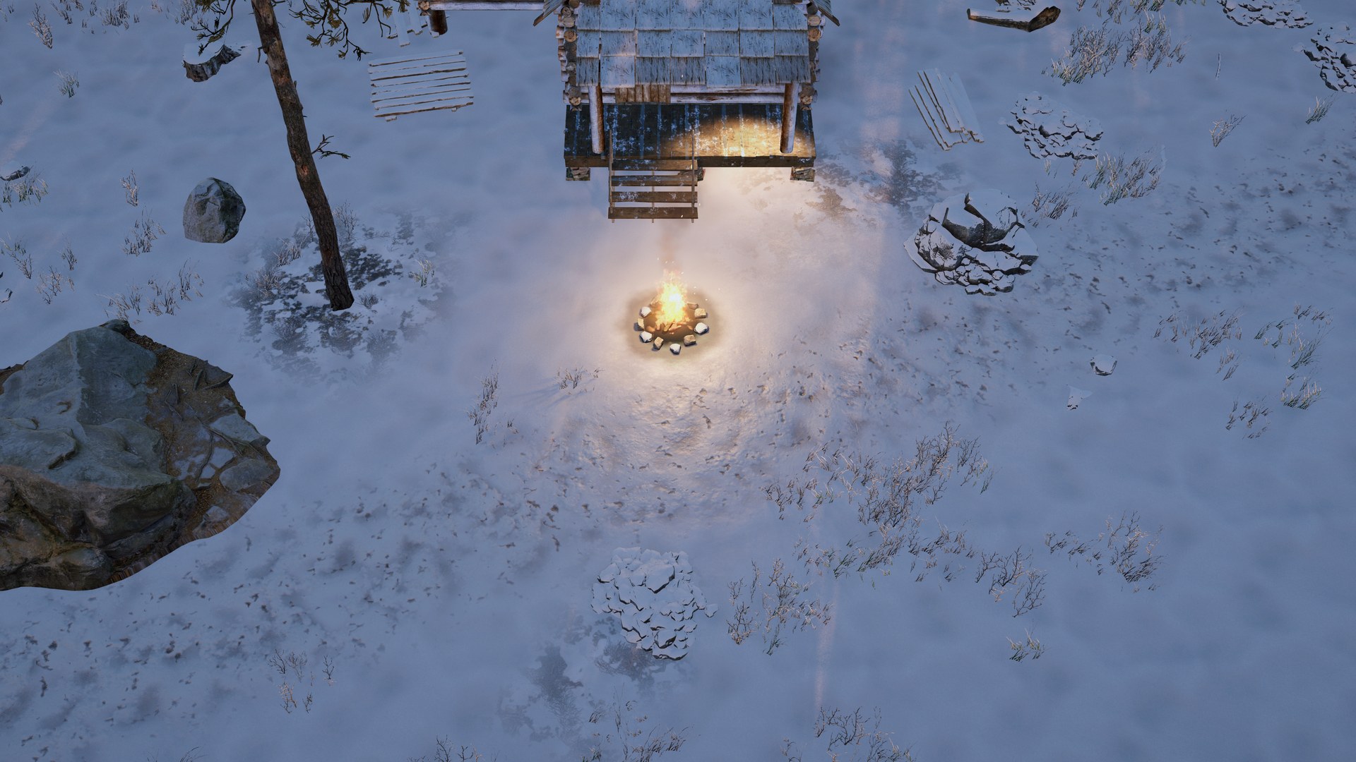 A campfire in a ring of stones in front of a log cabin, the snow around it turning blue as the evening falls.