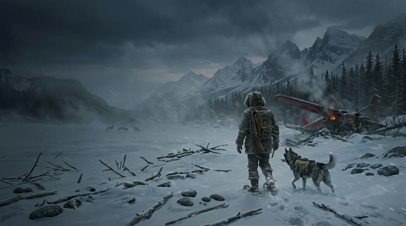 A fur-hooded survivor with a slung rifle and their husky trudge through deep snow toward a burning crashed bush plane, dwarfed by a vast frozen mountain valley at dusk.