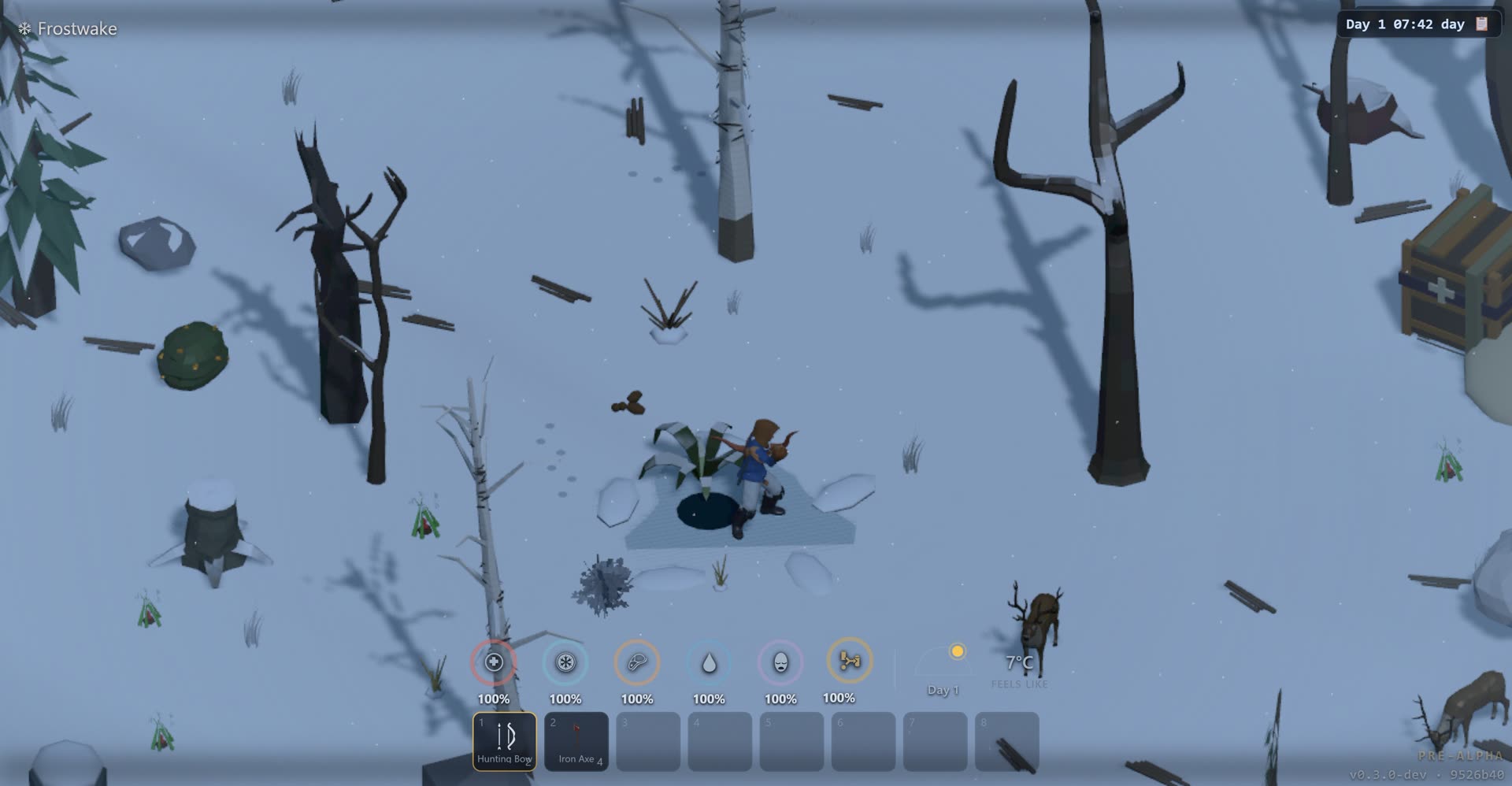 A crouched hunter with a bow stalks a stag through dead birches