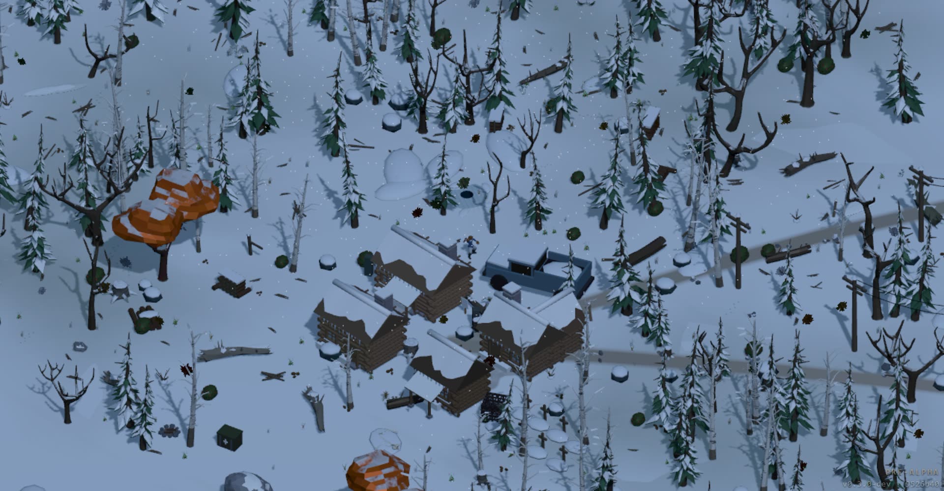 Snow-laden log cabins and an abandoned truck in a pine forest.