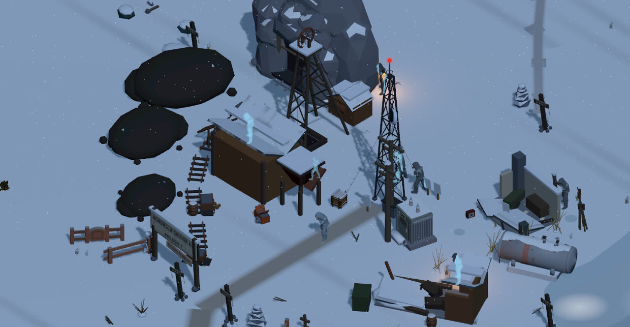 An abandoned mining compound with a headframe, a radio tower topped by a red beacon, and a Nordholm Drift Mine sign.