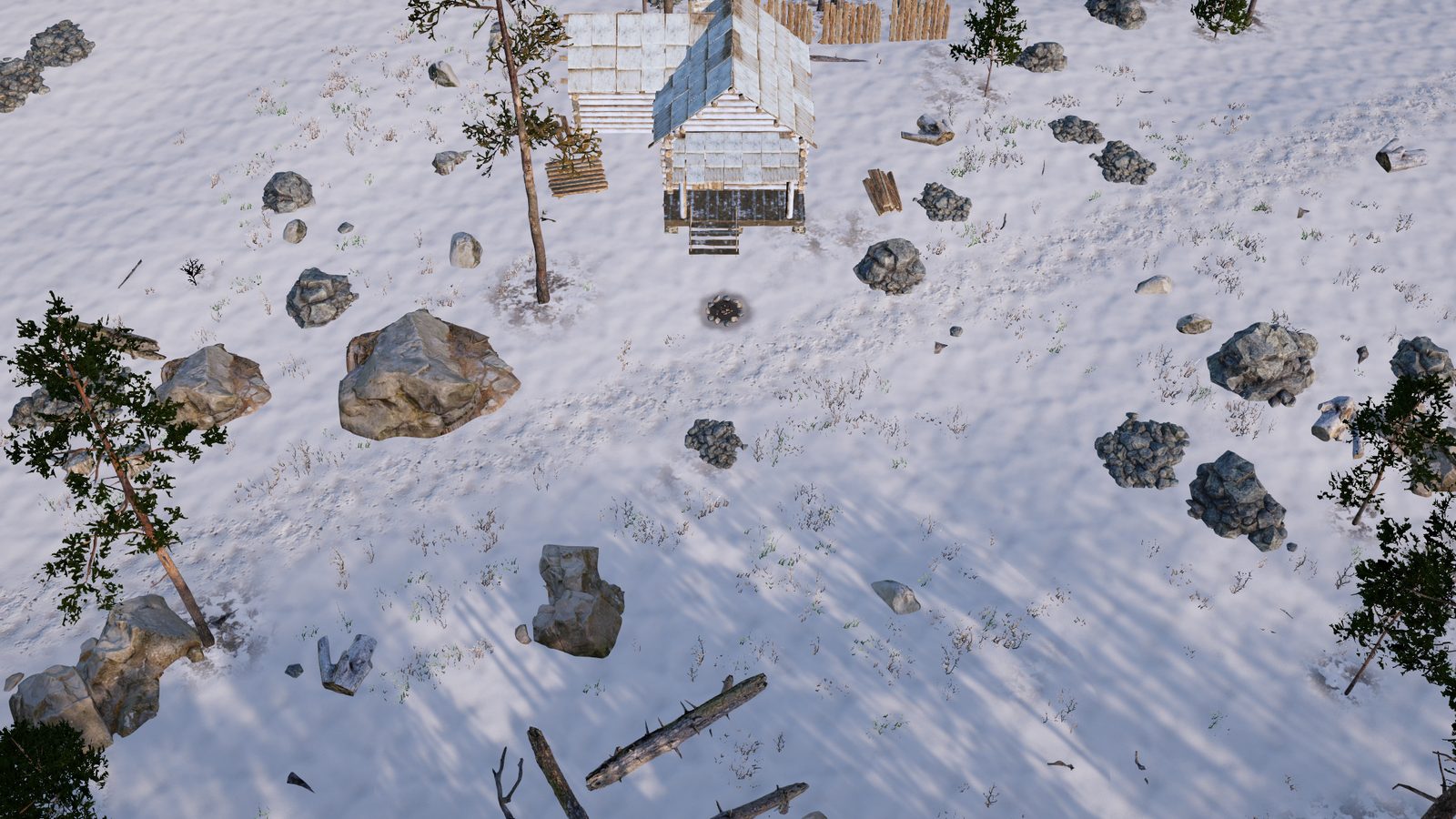 The look test from a wide camera on a clear day: the log cabin, a fence, scattered rocks and pines on the snow.
