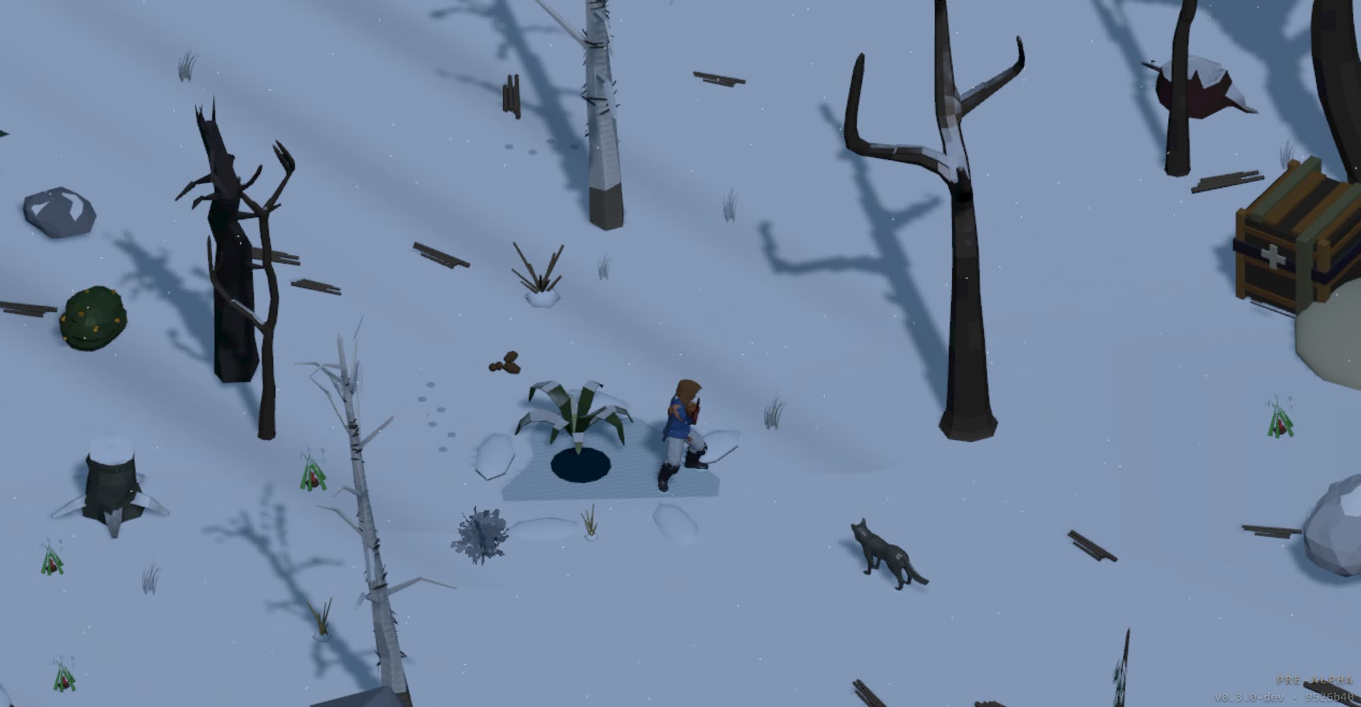 A fur-clad survivor with an axe stands ready as a wolf prowls in through a stand of dead birch.
