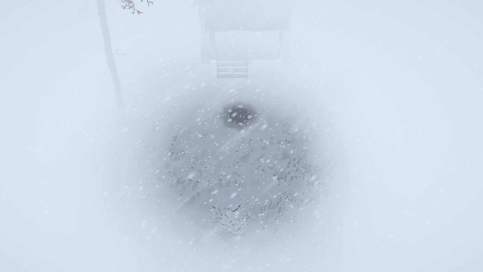 The same spot in a blizzard, the view closed to a small circle with white on every side.