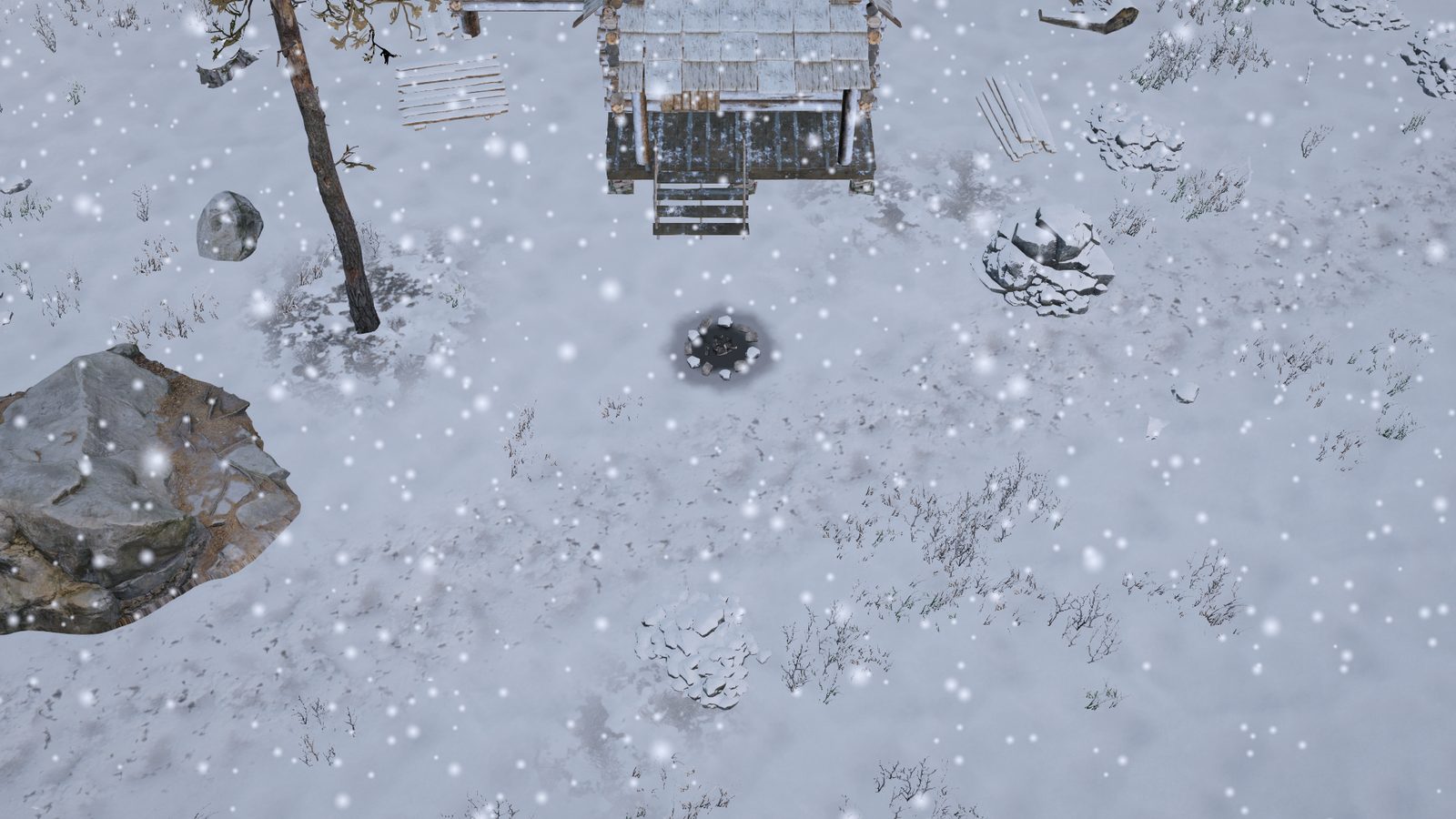The same spot under light snowfall, the shadows gone soft.