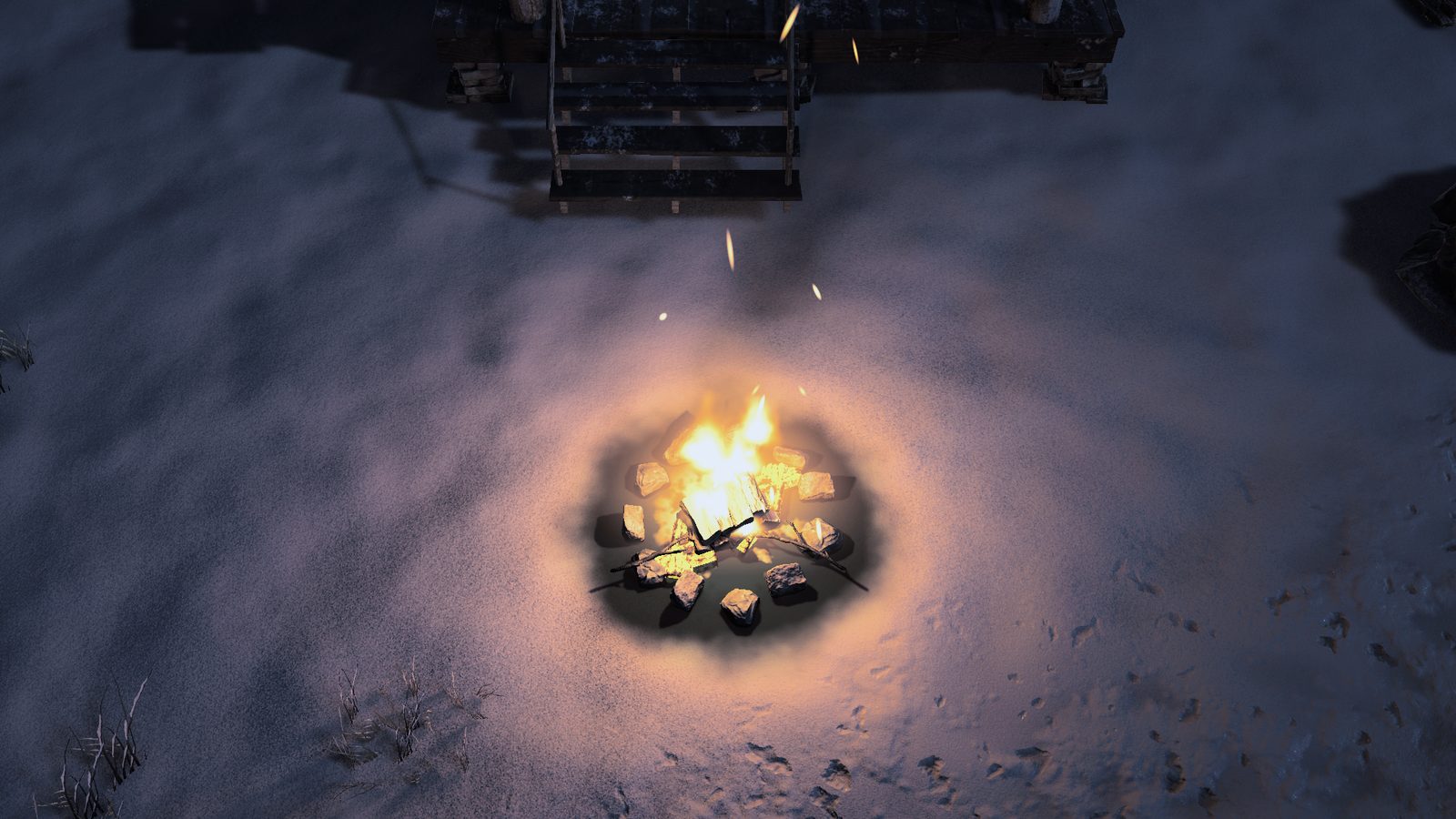 A campfire at night from above, with long streaky sparks, pale yellow logs, white stones and a pinkish haze round the fire.