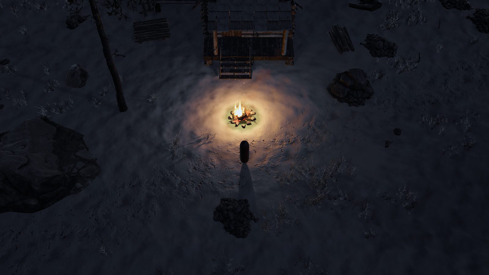 A campfire seen from the game camera at night with a sickly green ring on the snow round the stones.