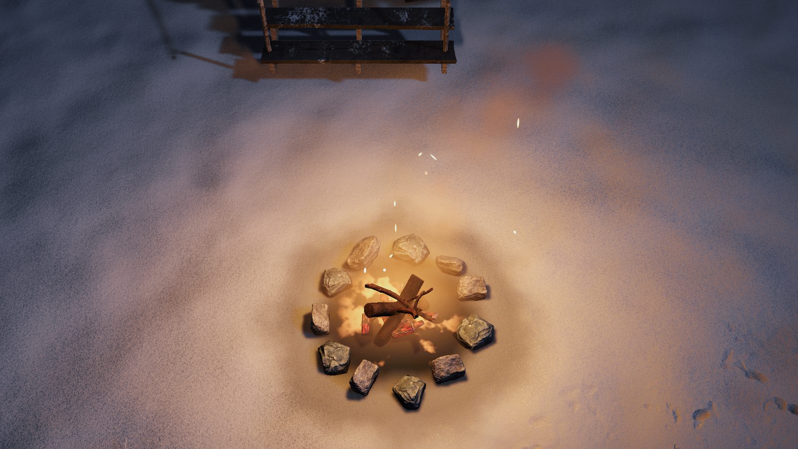 Two logs, a branch and two sticks crossed inside a ring of stones, glowing coals underneath, with no flames drawn.